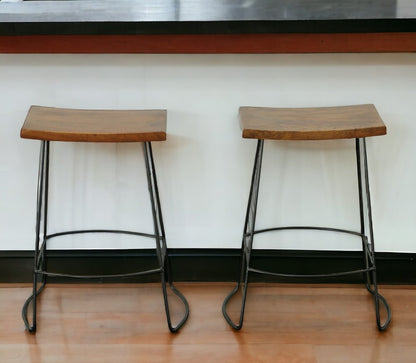 Set of Two 25" Chestnut and Black Solid Wood and Steel Backless Counter Height Bar Chairs HomeRoots
