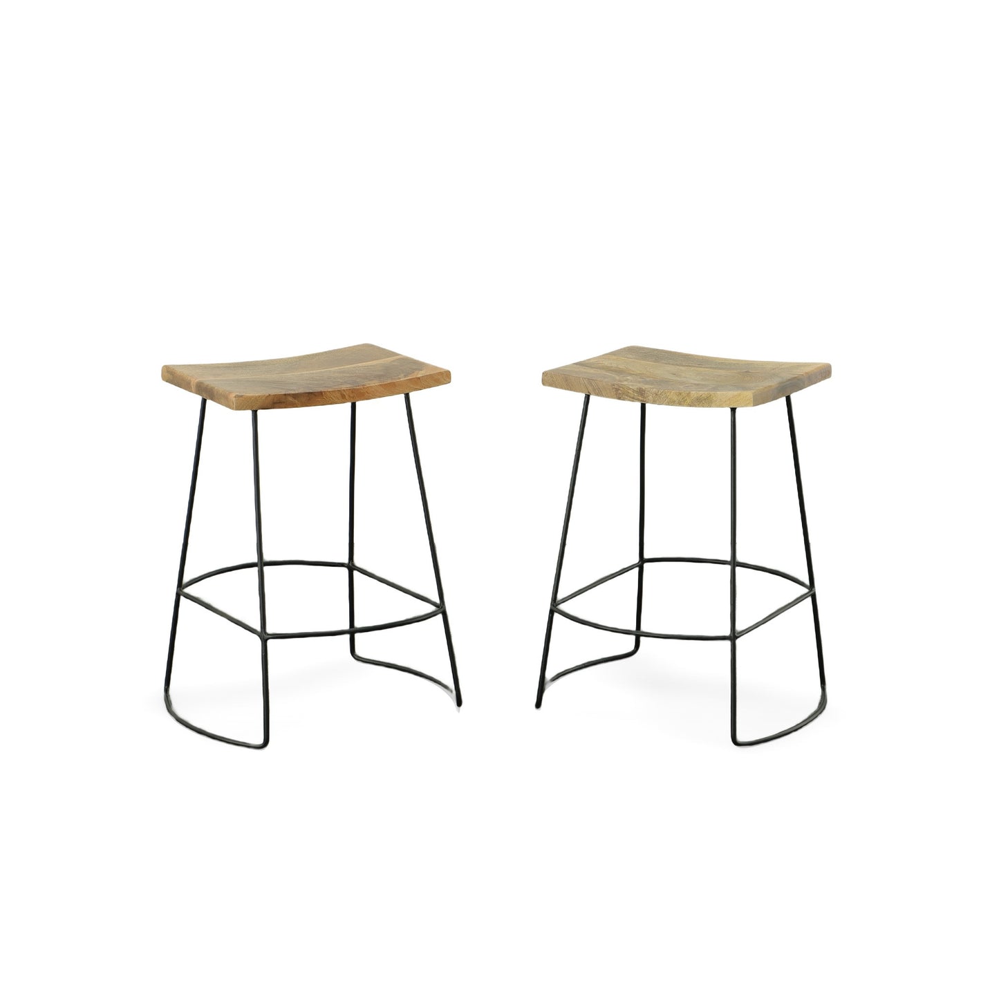 Set of Two 25" Natural and Black Solid Wood and Steel Backless Counter Height Bar Chairs