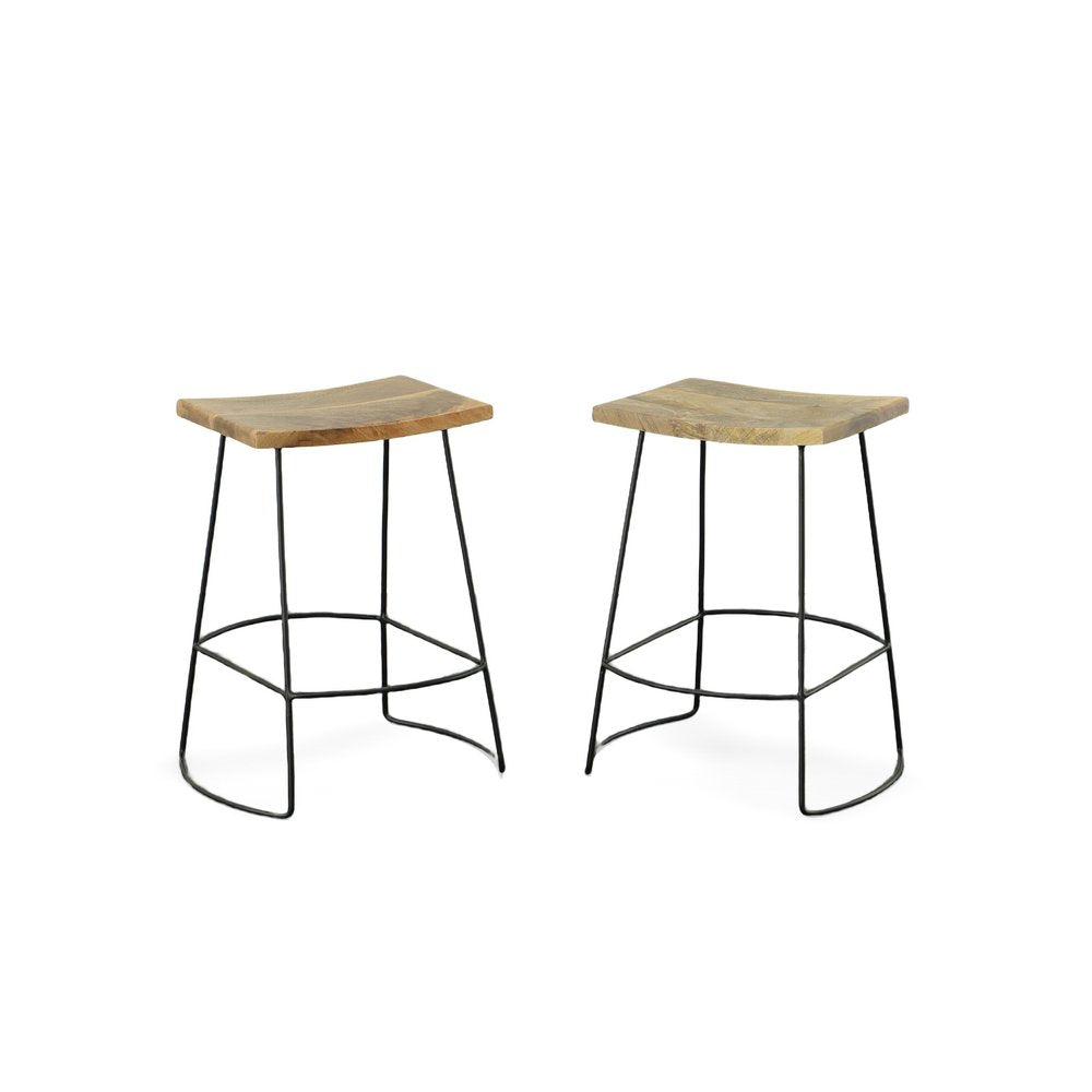 Set of Two 25" Natural and Black Solid Wood and Steel Backless Counter Height Bar Chairs HomeRoots