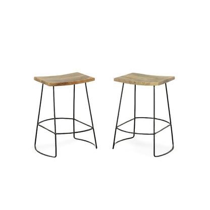 Set of Two 25" Natural And Black Solid Wood And Steel Backless Counter Height Bar Chairs HomeRoots