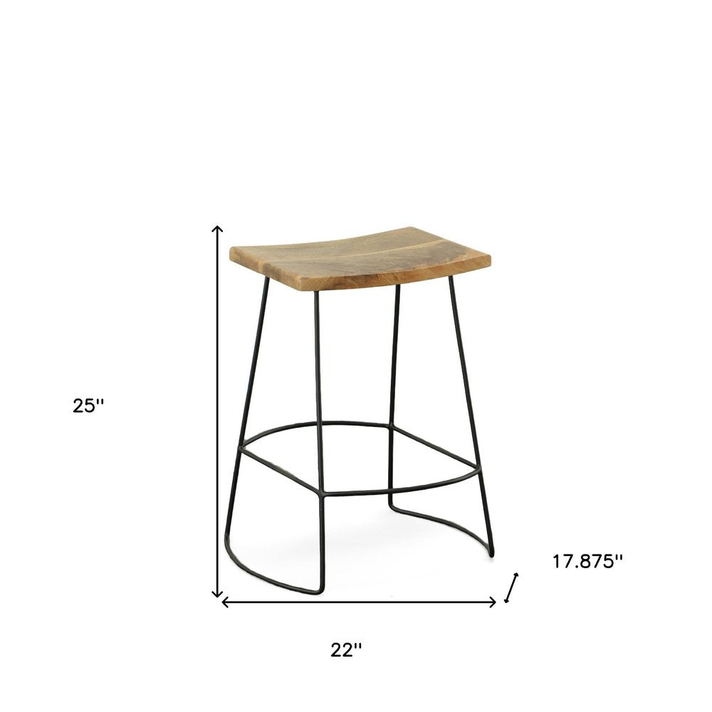 Set of Two 25" Natural And Black Solid Wood And Steel Backless Counter Height Bar Chairs HomeRoots