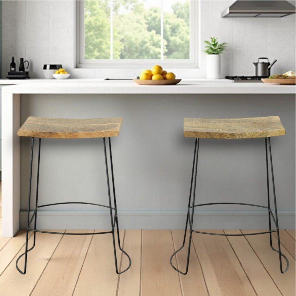 Set of Two 25" Natural and Black Solid Wood and Steel Backless Counter Height Bar Chairs HomeRoots