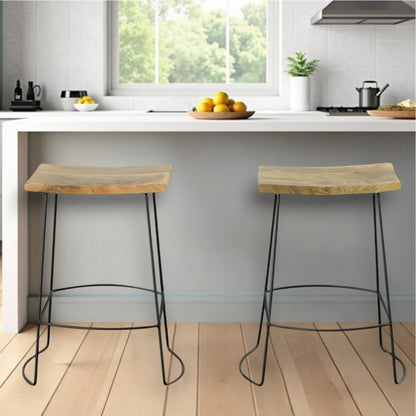 Set of Two 25" Natural and Black Solid Wood and Steel Backless Counter Height Bar Chairs HomeRoots