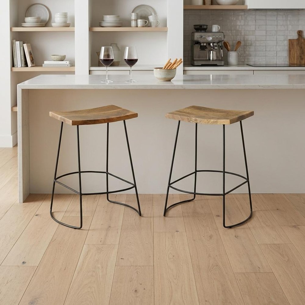 Set of Two 25" Natural And Black Solid Wood And Steel Backless Counter Height Bar Chairs HomeRoots