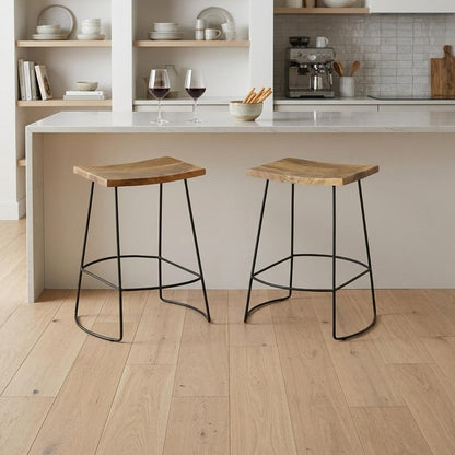 Set of Two 25" Natural And Black Solid Wood And Steel Backless Counter Height Bar Chairs HomeRoots