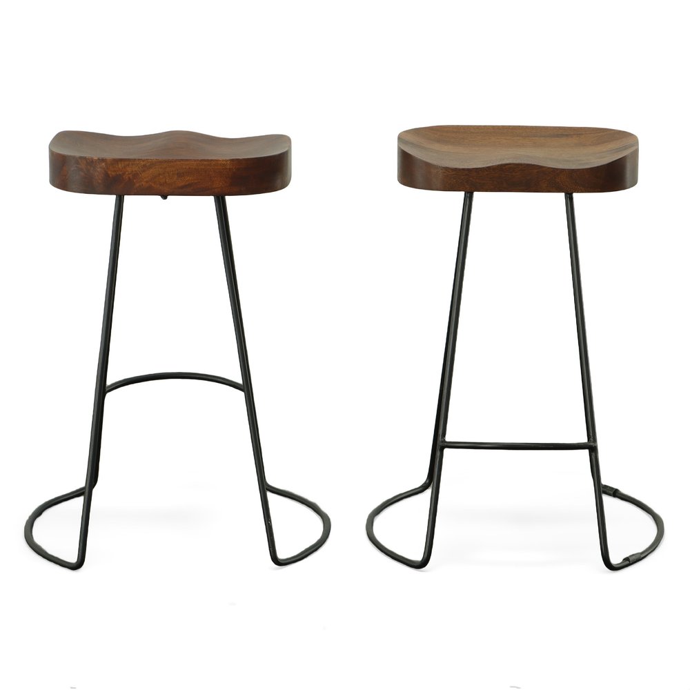 Set of Two 25" Chestnut and Black Solid Wood and Steel Backless Counter Height Bar Chairs HomeRoots