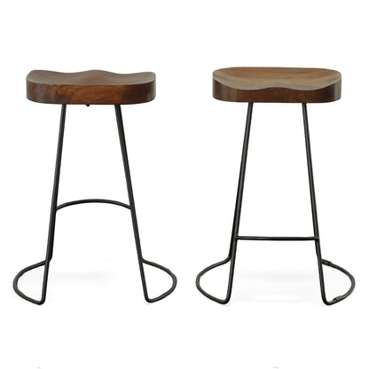 Set of Two 25" Chestnut and Black Solid Wood and Steel Backless Counter Height Bar Chairs HomeRoots