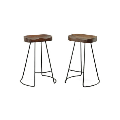 Set of Two 25" Chestnut and Black Solid Wood and Steel Backless Counter Height Bar Chairs HomeRoots
