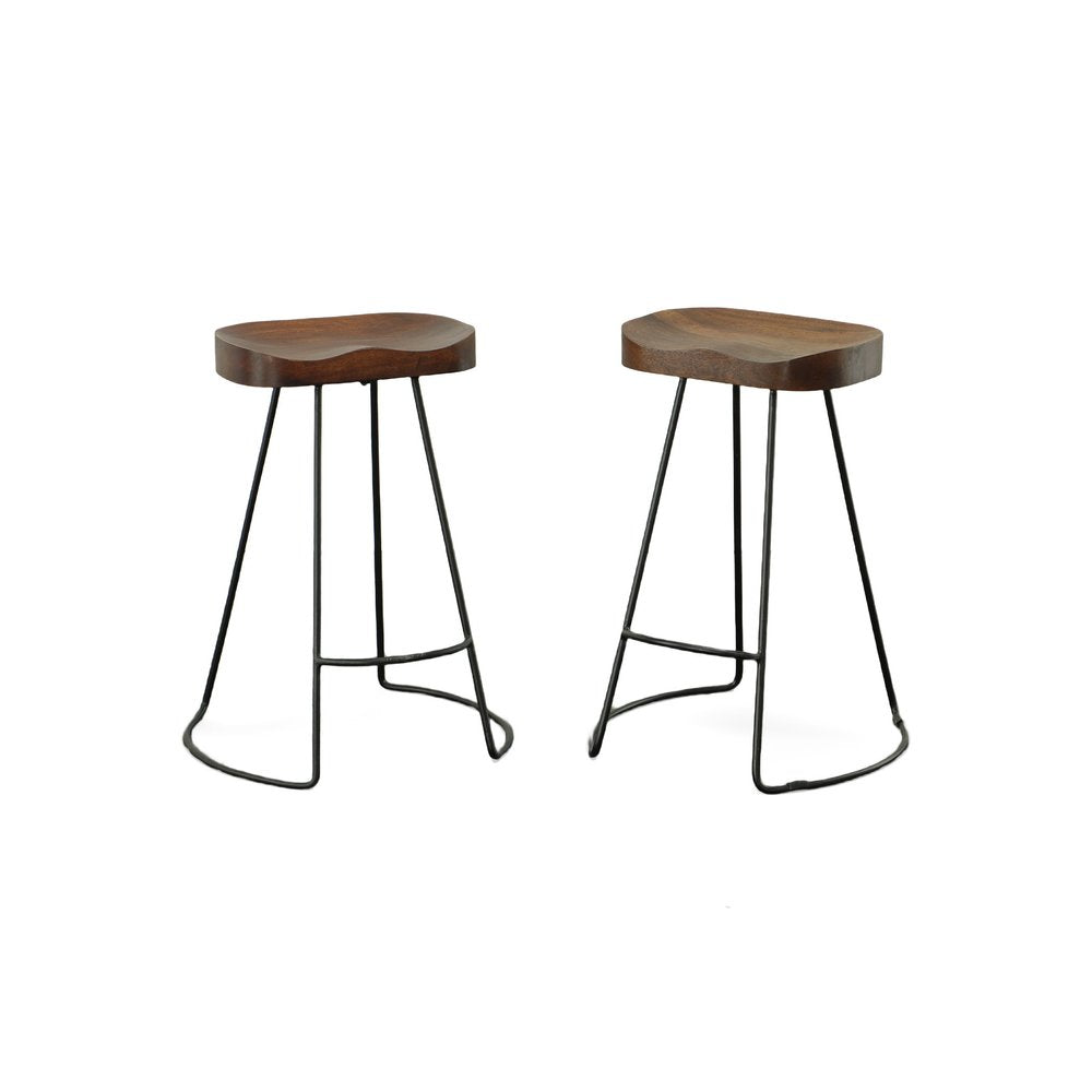 Set of Two 25" Chestnut and Black Solid Wood and Steel Backless Counter Height Bar Chairs HomeRoots