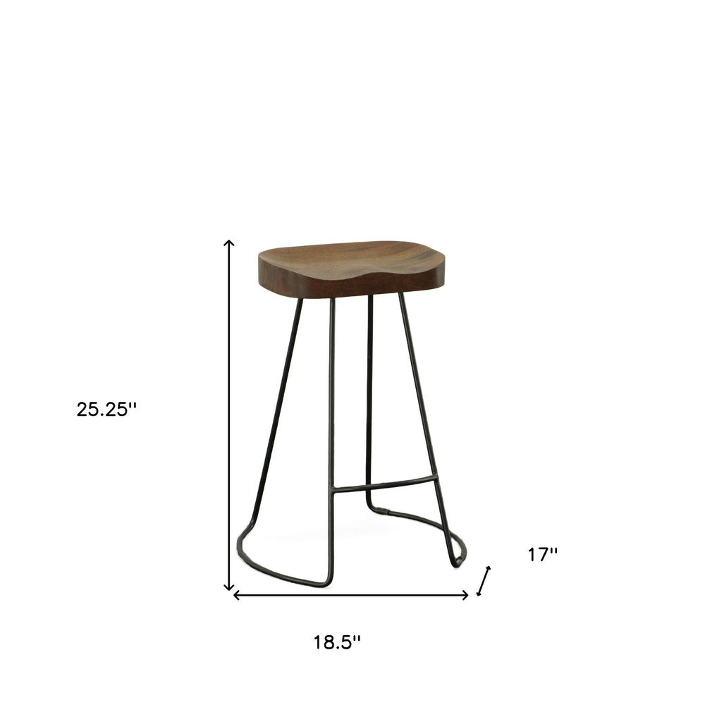 Set of Two 25" Chestnut and Black Solid Wood and Steel Backless Counter Height Bar Chairs HomeRoots