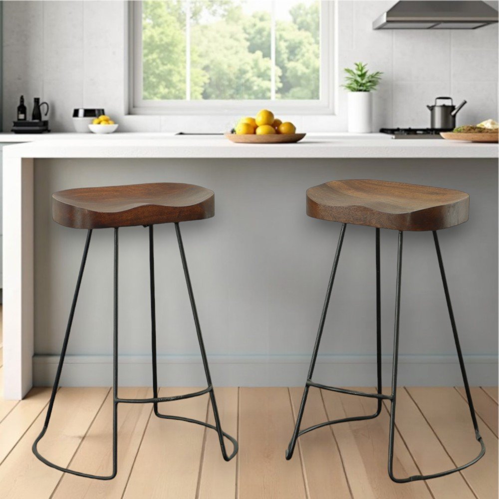 Set of Two 25" Chestnut and Black Solid Wood and Steel Backless Counter Height Bar Chairs HomeRoots