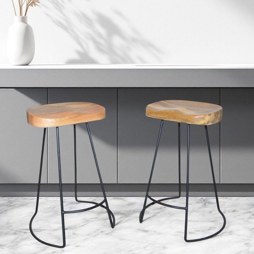 Set of Two 25" Natural and Black Solid Wood and Steel Backless Counter Height Bar Chairs HomeRoots
