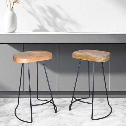 Set of Two 25" Natural and Black Solid Wood and Steel Backless Counter Height Bar Chairs HomeRoots