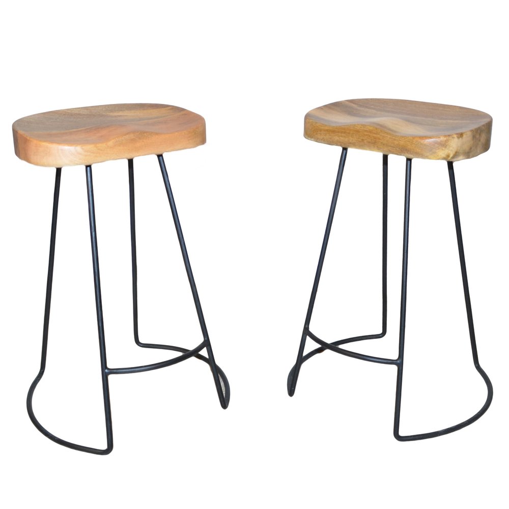 Set of Two 25" Natural And Black Solid Wood And Steel Backless Counter Height Bar Chairs HomeRoots