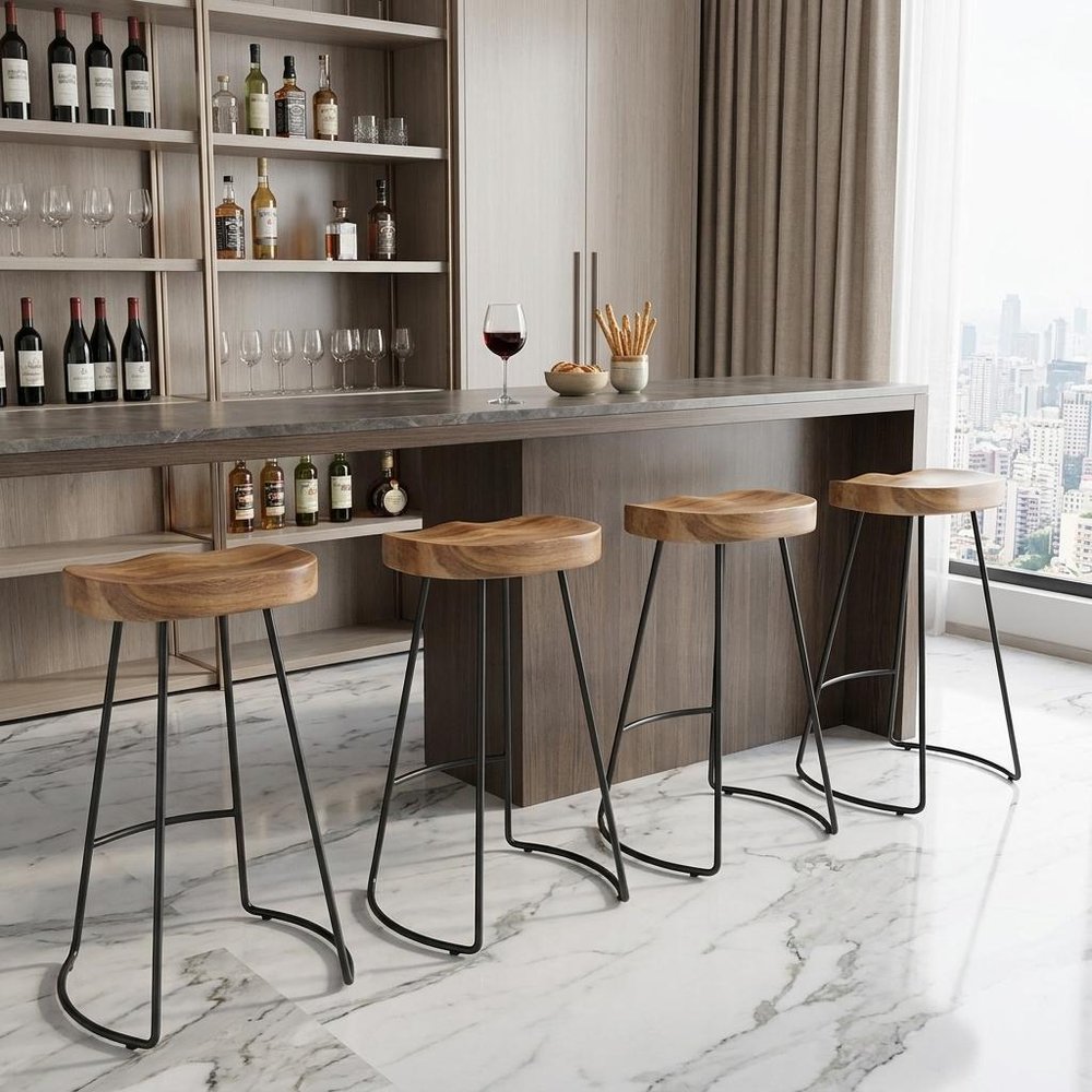 Set of Two 25" Natural and Black Solid Wood and Steel Backless Counter Height Bar Chairs HomeRoots