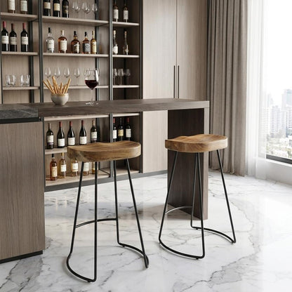 Set of Two 25" Natural And Black Solid Wood And Steel Backless Counter Height Bar Chairs HomeRoots