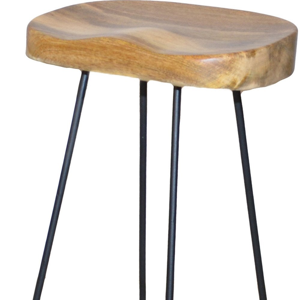 Set of Two 25" Natural And Black Solid Wood And Steel Backless Counter Height Bar Chairs HomeRoots