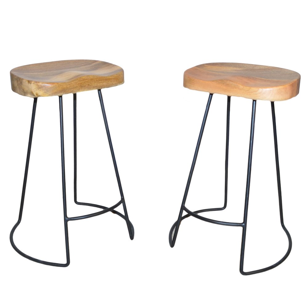Set of Two 25" Natural And Black Solid Wood And Steel Backless Counter Height Bar Chairs HomeRoots