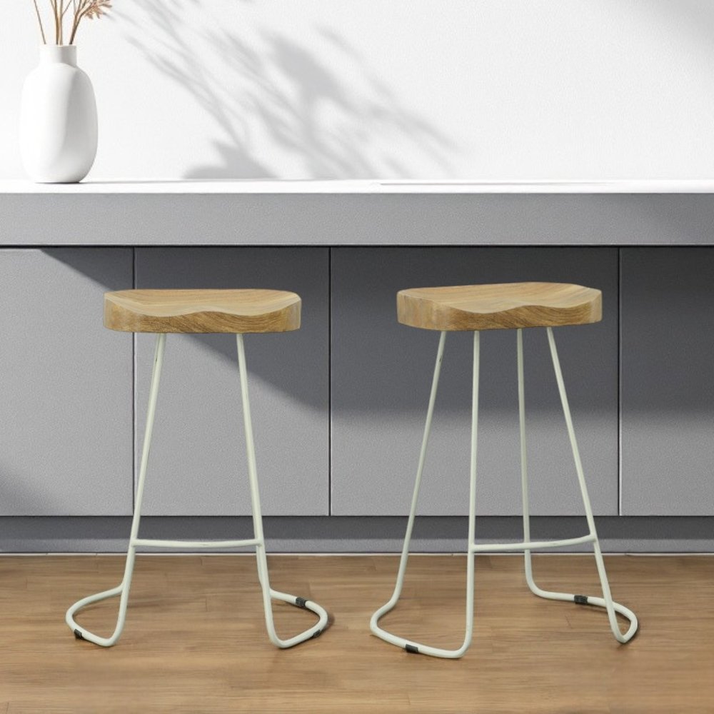 Set of Two 25" Natural and White Solid Wood and Steel Backless Counter Height Bar Chairs HomeRoots