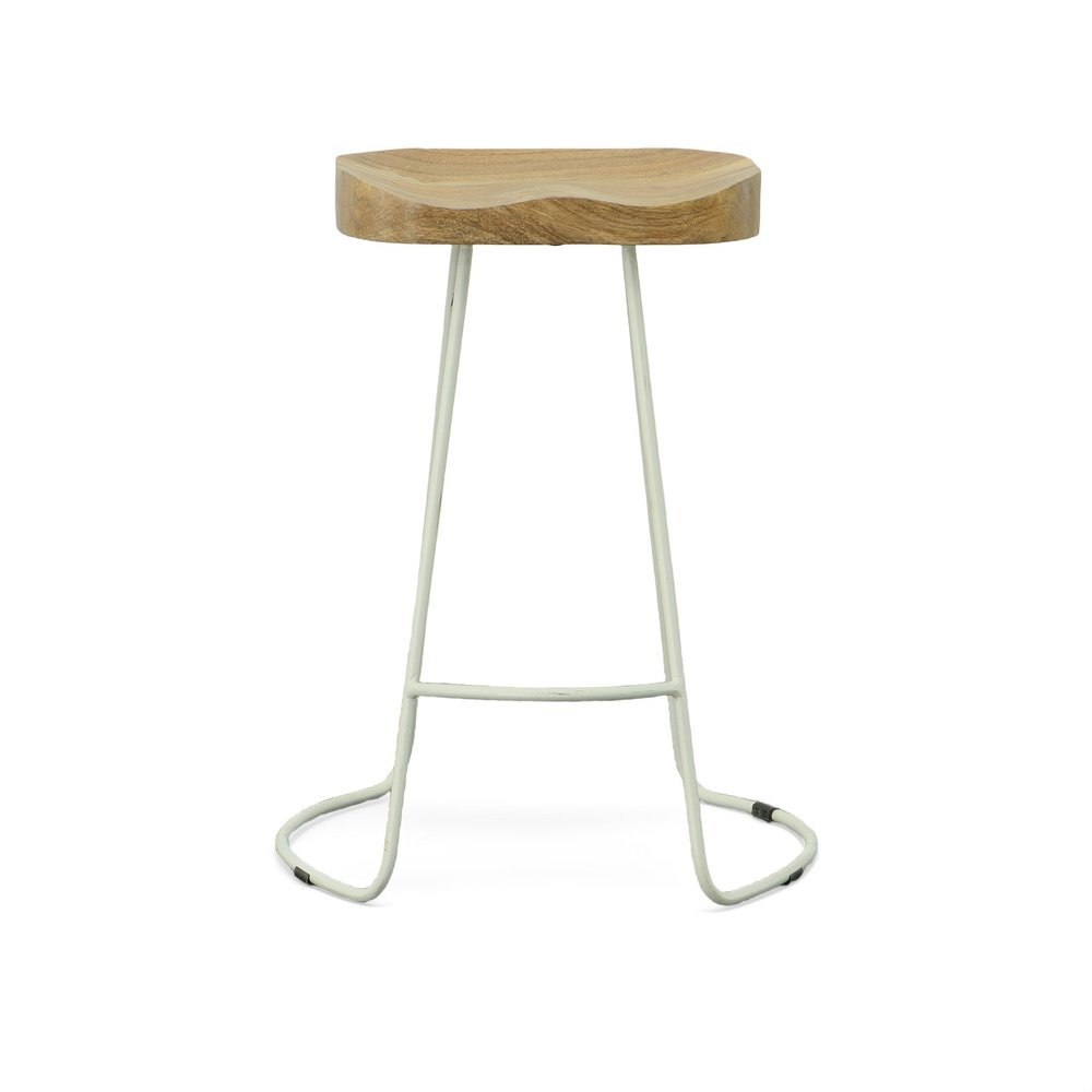 Set of Two 25" Natural And White Solid Wood And Steel Backless Counter Height Bar Chairs — view 3