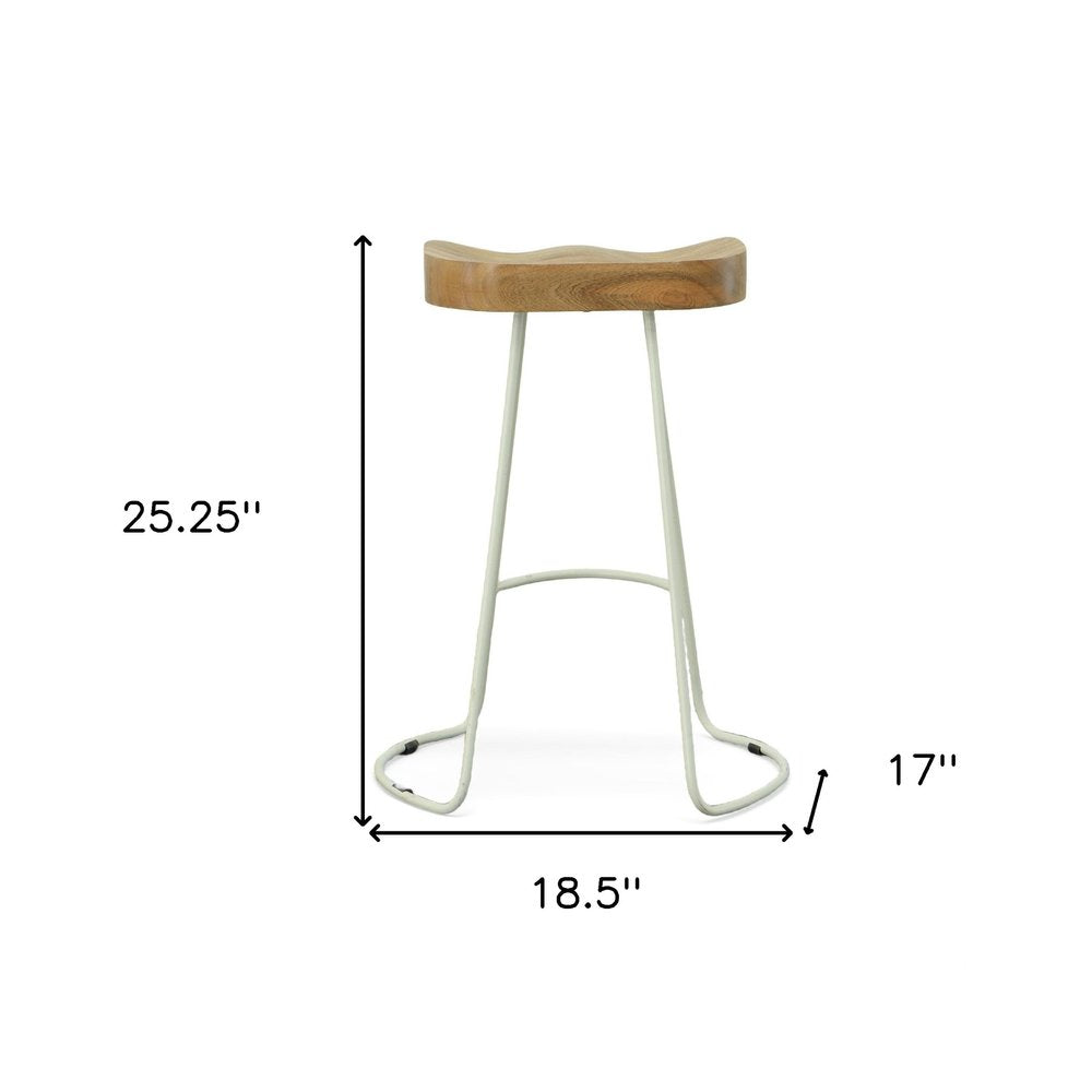 Set of Two 25" Natural and White Solid Wood and Steel Backless Counter Height Bar Chairs HomeRoots