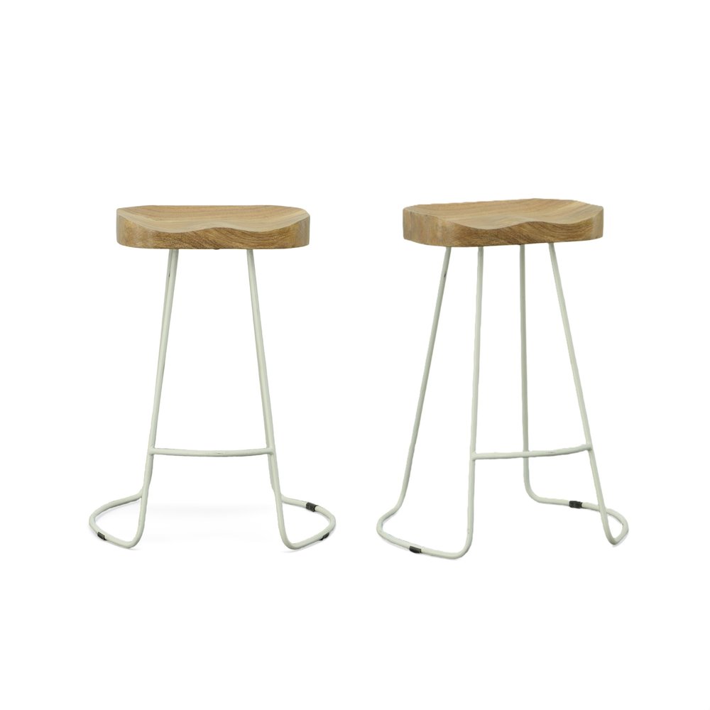 Set of Two 25" Natural and White Solid Wood and Steel Backless Counter Height Bar Chairs HomeRoots