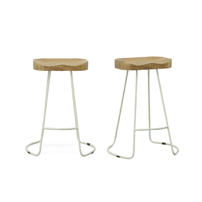 Set of Two 25" Natural and White Solid Wood and Steel Backless Counter Height Bar Chairs HomeRoots