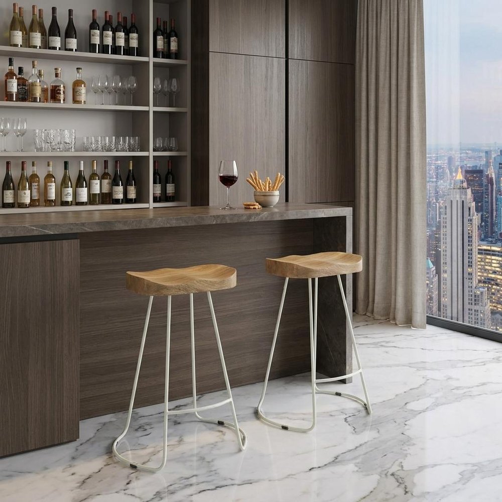 Set of Two 25" Natural and White Solid Wood and Steel Backless Counter Height Bar Chairs HomeRoots