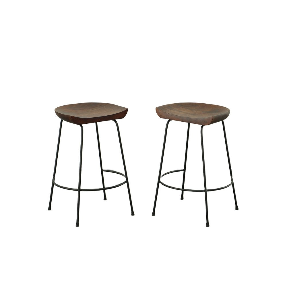 Set of Two 25" Chestnut And Black Solid Wood And Steel Backless Counter Height Bar Chairs HomeRoots