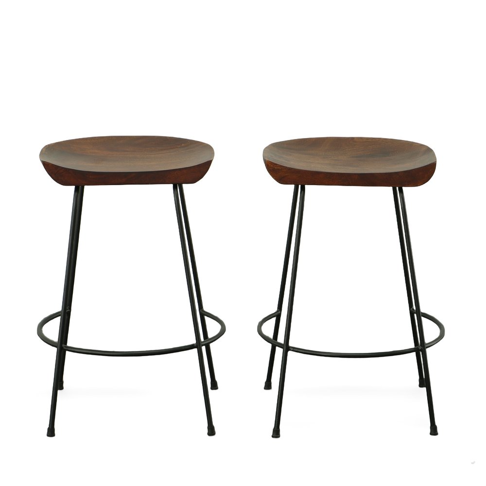 Set of Two 25" Chestnut And Black Solid Wood And Steel Backless Counter Height Bar Chairs HomeRoots
