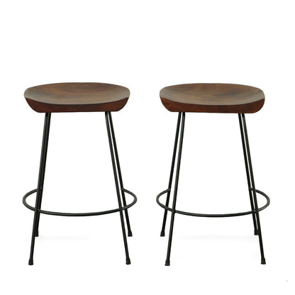 Set of Two 25" Chestnut And Black Solid Wood And Steel Backless Counter Height Bar Chairs HomeRoots