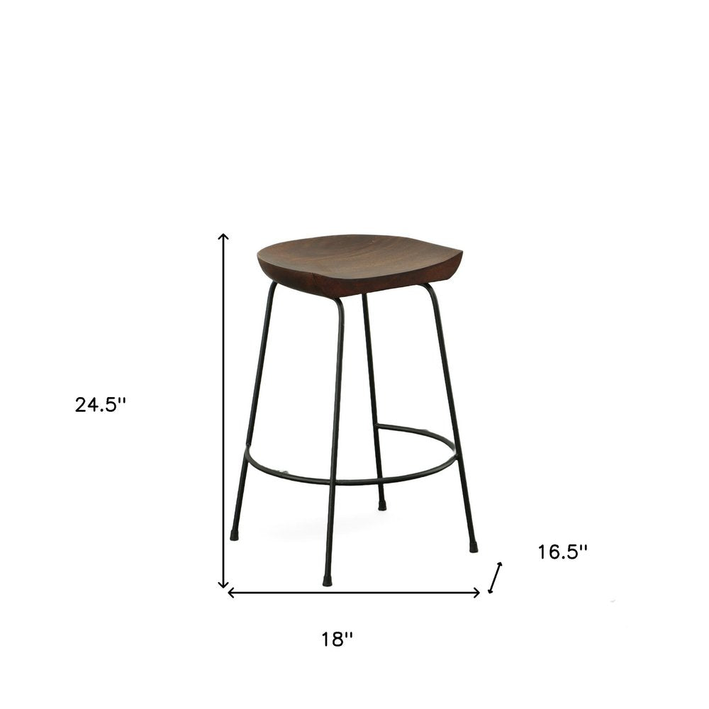 Set of Two 25" Chestnut And Black Solid Wood And Steel Backless Counter Height Bar Chairs HomeRoots