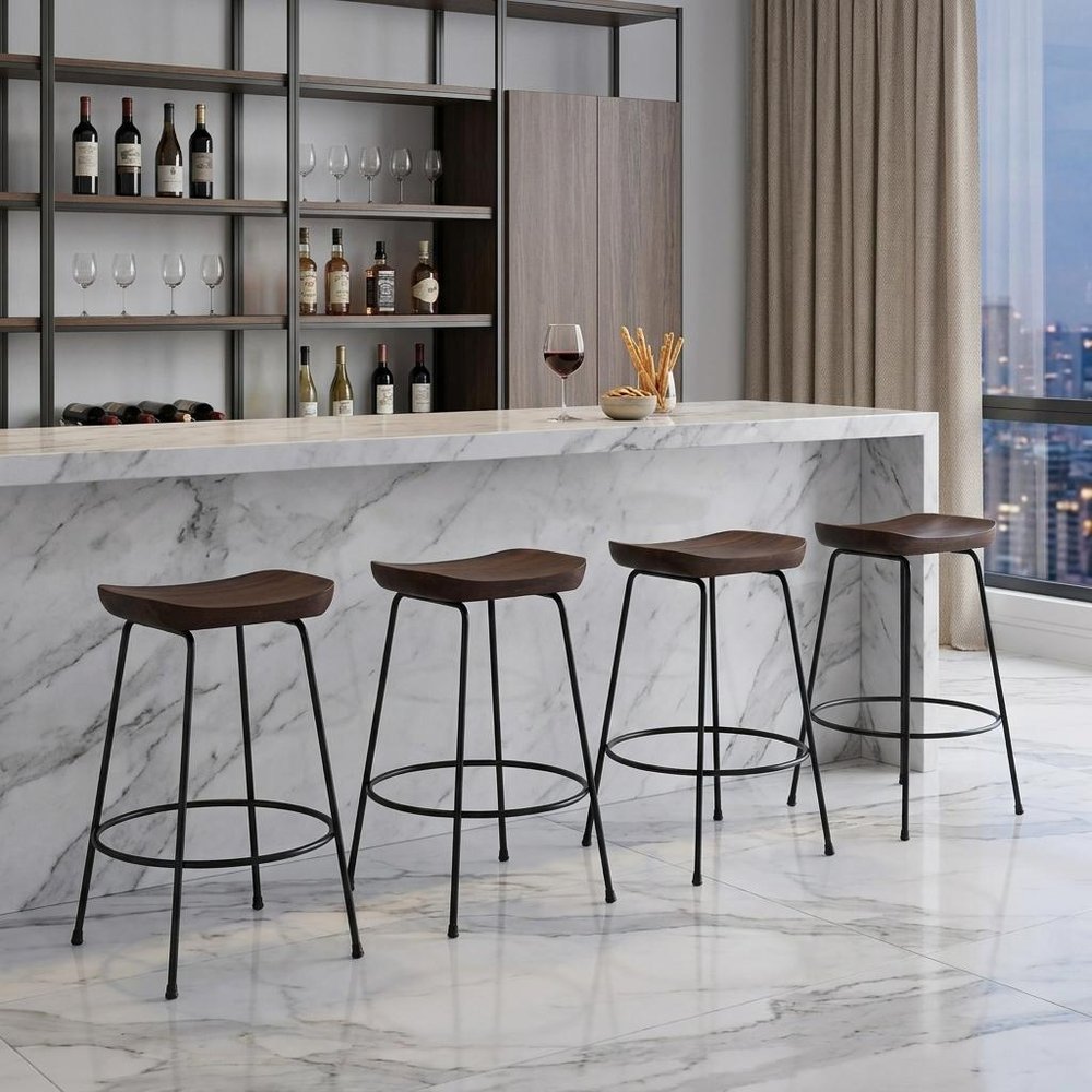 Set of Two 25" Chestnut and Black Solid Wood and Steel Backless Counter Height Bar Chairs HomeRoots
