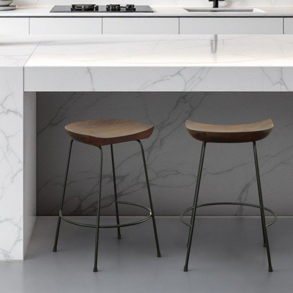 Set of Two 25" Chestnut and Black Solid Wood and Steel Backless Counter Height Bar Chairs HomeRoots