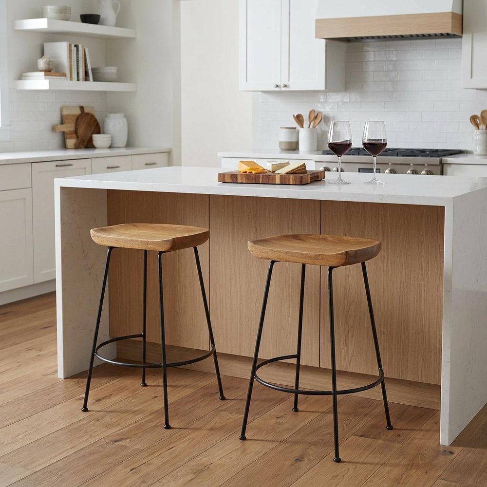 Set of Two 25" Natural And Black Solid Wood And Steel Backless Counter Height Bar Chairs HomeRoots