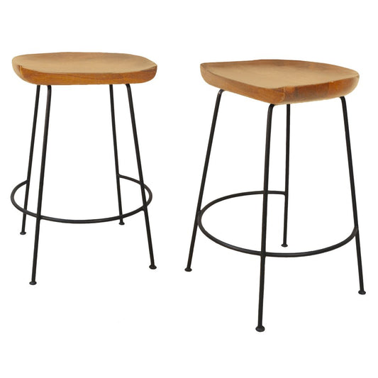 Set of Two 25" Natural And Black Solid Wood And Steel Backless Counter Height Bar Chairs HomeRoots