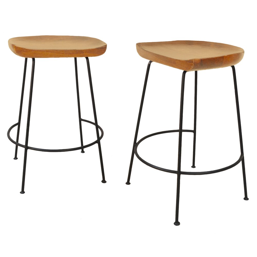 Set of Two 25" Natural And Black Solid Wood And Steel Backless Counter Height Bar Chairs HomeRoots