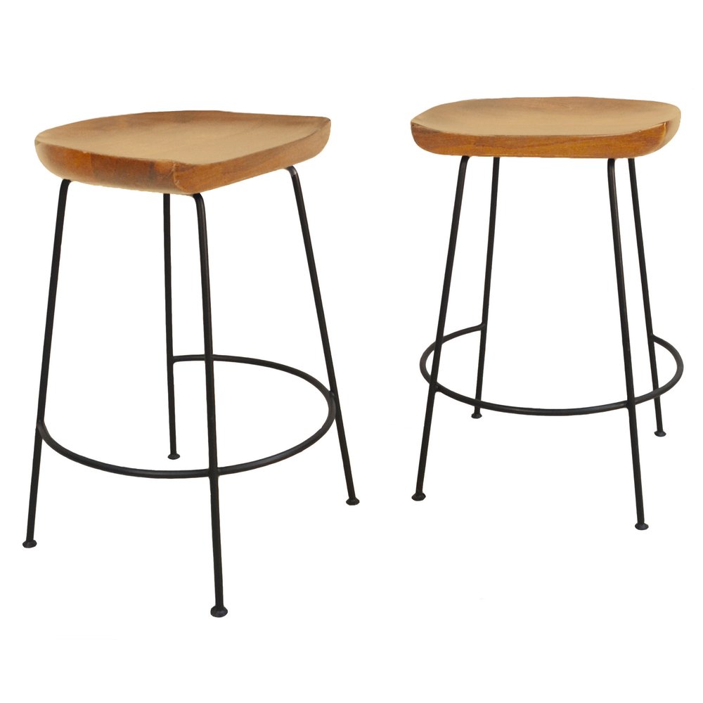 Set of Two 25" Natural And Black Solid Wood And Steel Backless Counter Height Bar Chairs HomeRoots
