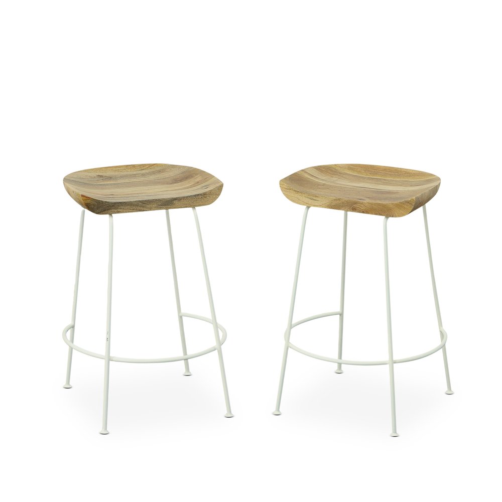 Set of Two 25" Natural And White Solid Wood And Steel Backless Counter Height Bar Chairs HomeRoots