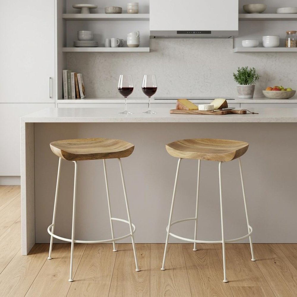 Set of Two 25" Natural And White Solid Wood And Steel Backless Counter Height Bar Chairs HomeRoots