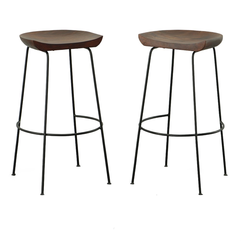 Set of Two 31" Chestnut And Black Solid Wood And Steel Backless Bar Height Bar Chairs HomeRoots