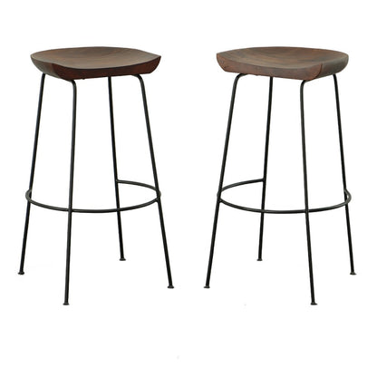 Set of Two 31" Chestnut And Black Solid Wood And Steel Backless Bar Height Bar Chairs HomeRoots