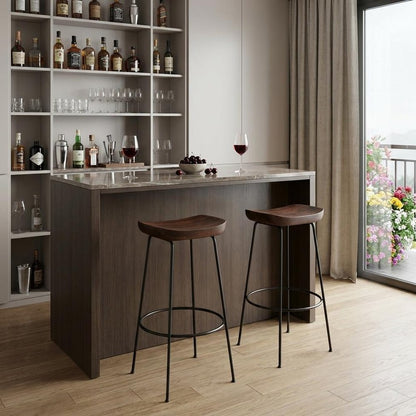 Set of Two 31" Chestnut And Black Solid Wood And Steel Backless Bar Height Bar Chairs HomeRoots