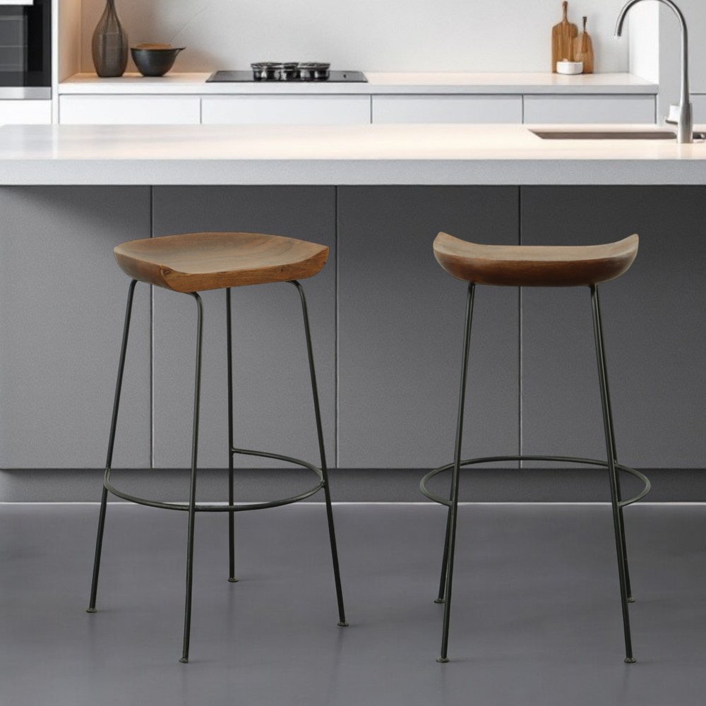 Set of Two 31" Chestnut And Black Solid Wood And Steel Backless Bar Height Bar Chairs HomeRoots