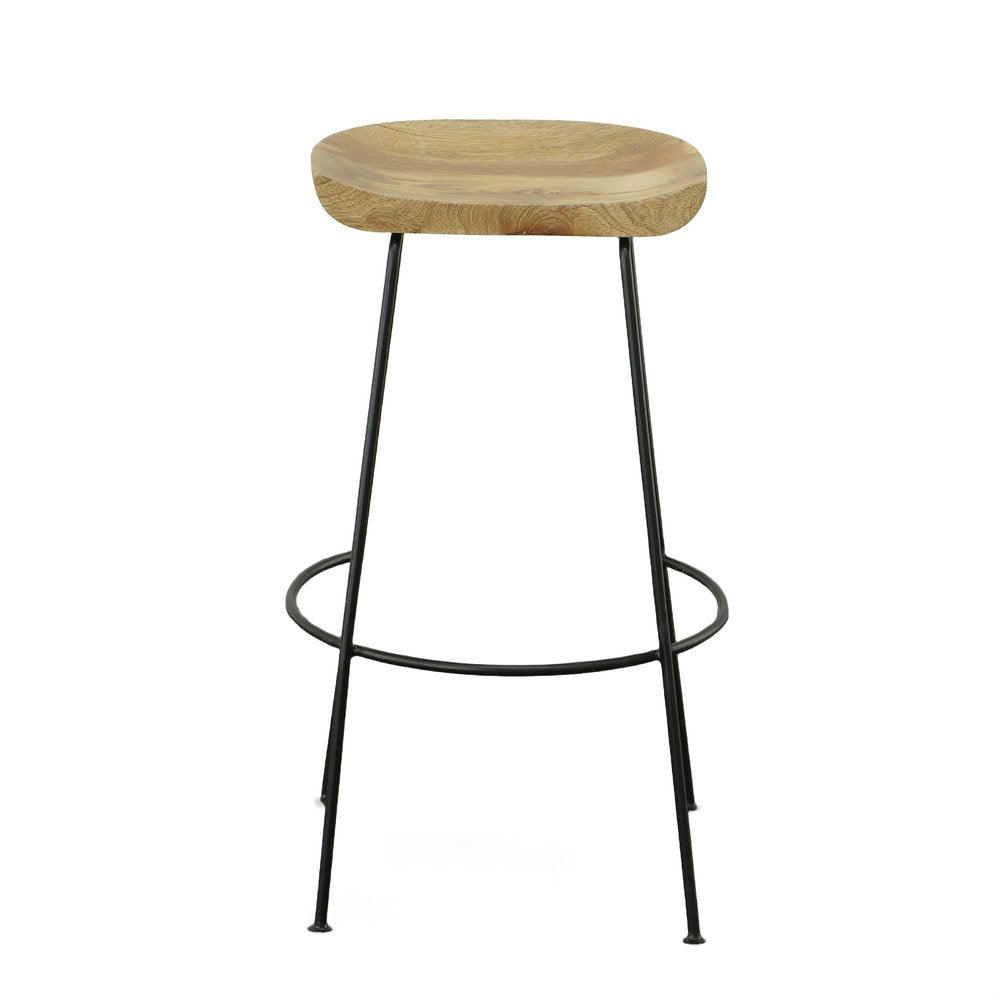 Set of Two 31" Natural And Black Solid Wood And Steel Backless Bar Height Bar Chairs HomeRoots