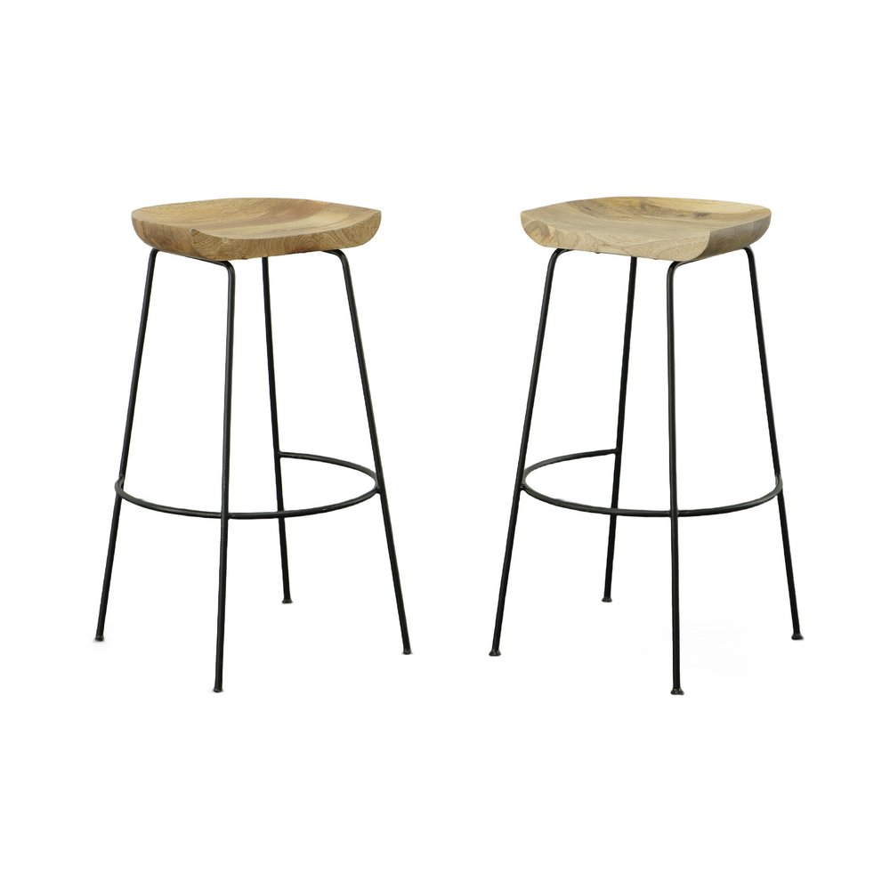 Set of Two 31" Natural And Black Solid Wood And Steel Backless Bar Height Bar Chairs HomeRoots