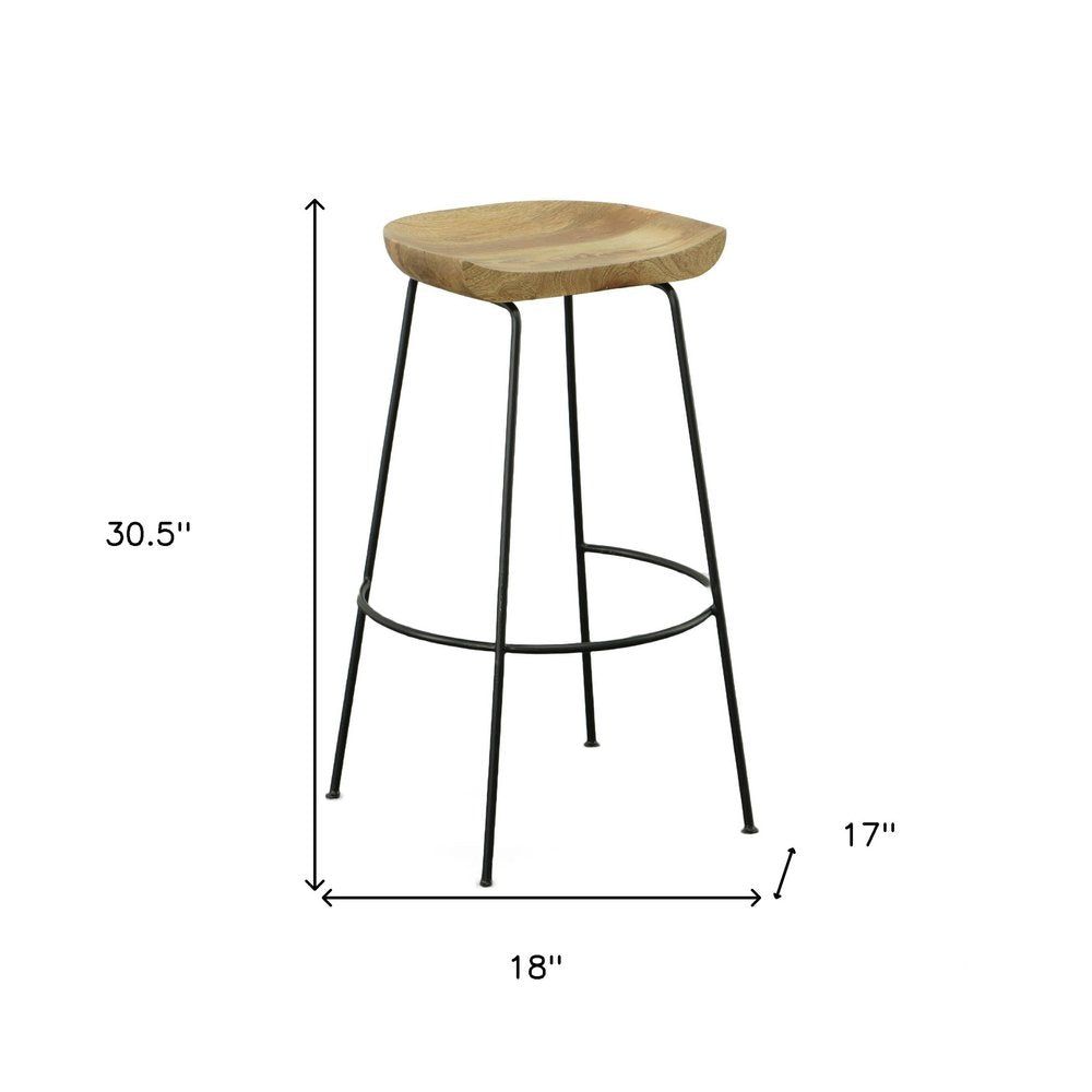 Set of Two 31" Natural And Black Solid Wood And Steel Backless Bar Height Bar Chairs HomeRoots