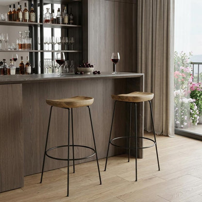 Set of Two 31" Natural And Black Solid Wood And Steel Backless Bar Height Bar Chairs HomeRoots