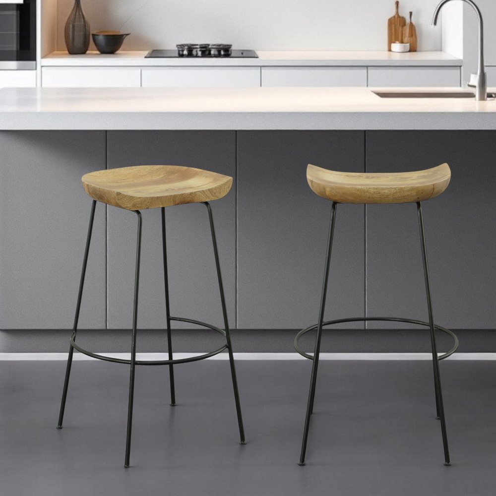 Set of Two 31" Natural and Black Solid Wood and Steel Backless Bar Height Bar Chairs HomeRoots