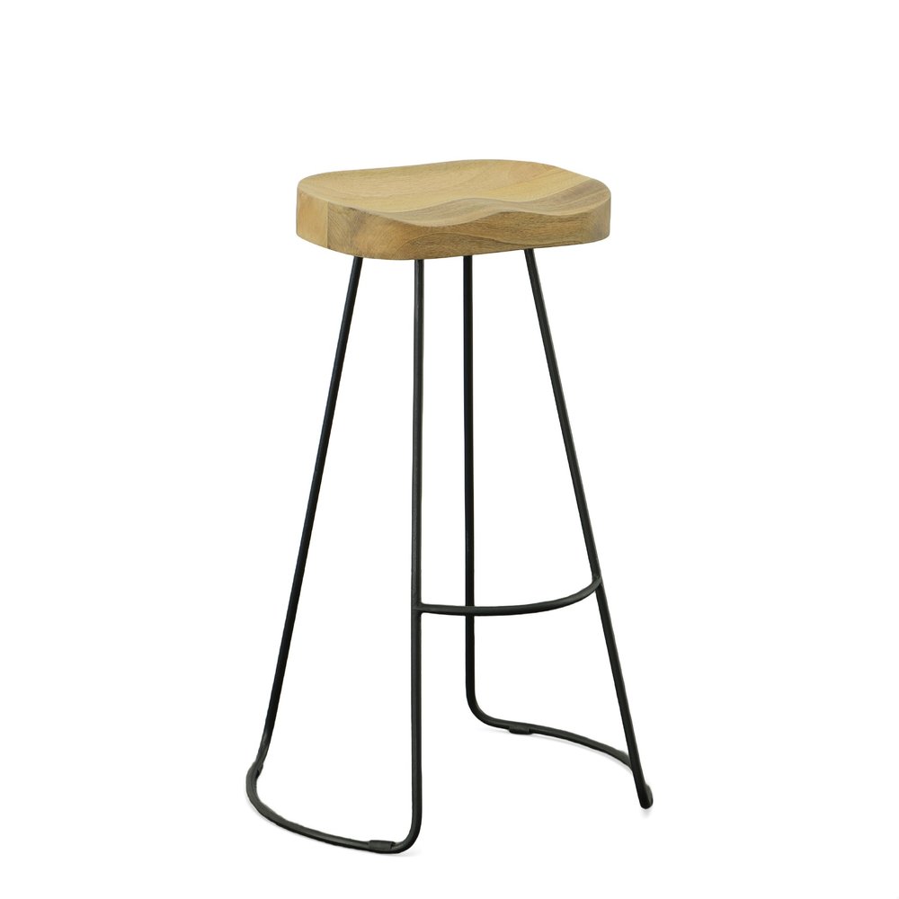 Set of Two 31" Natural And Black Solid Wood And Steel Backless Bar Height Bar Chairs — view 1